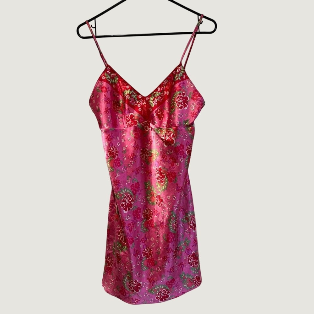 Pink Satin Floral Slip Dress Lace Trim V-Neck Chemise Nightgown Y2K Style‎